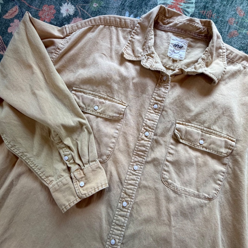 Aerie Tan Khaki Cotton Oversized Button Down Shirt Long Sleeve Pockets Large